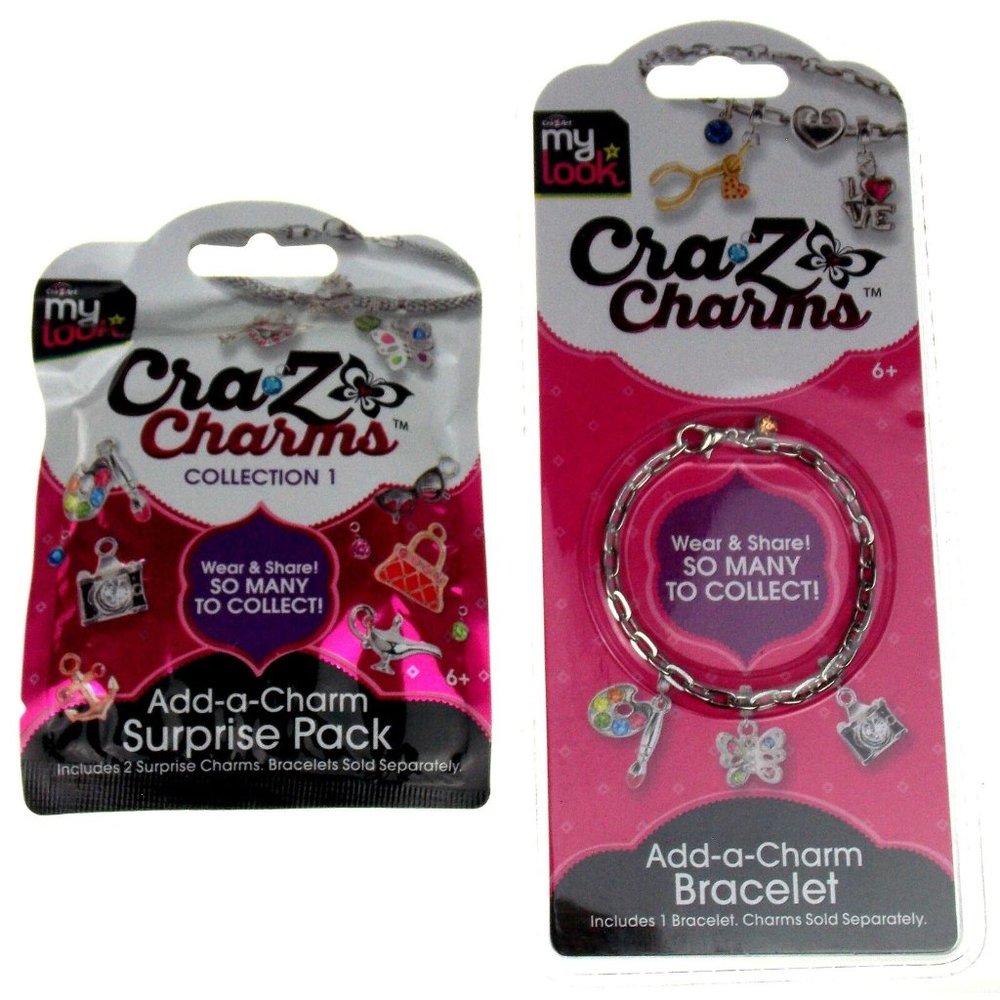 CraZArt My Look Crazy Silver Link Pink Stone Bracelet Surprise Charm Set 2 Gift